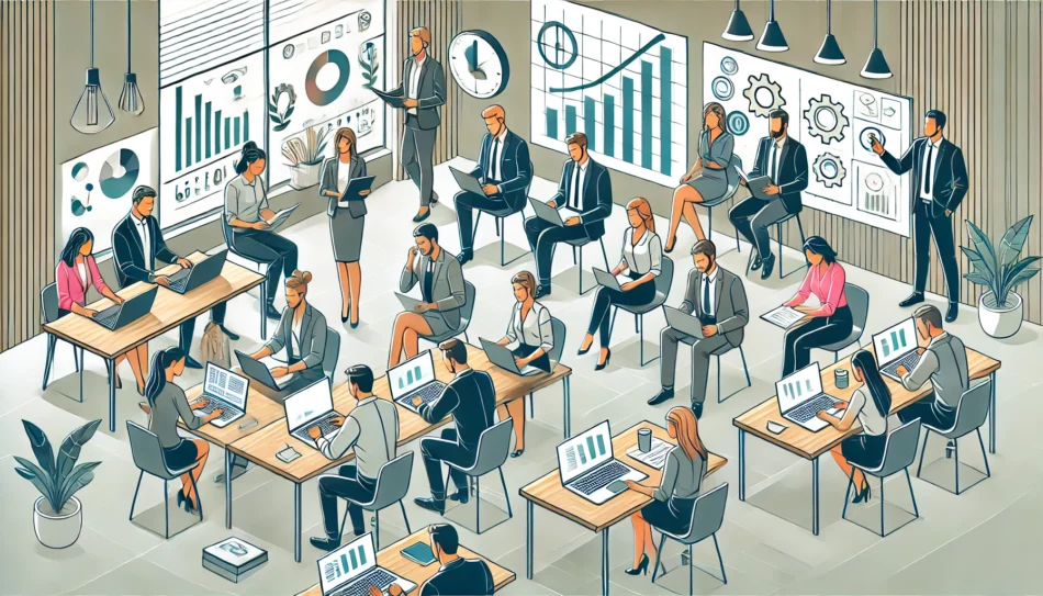 People sat in a class room learning on their laptops